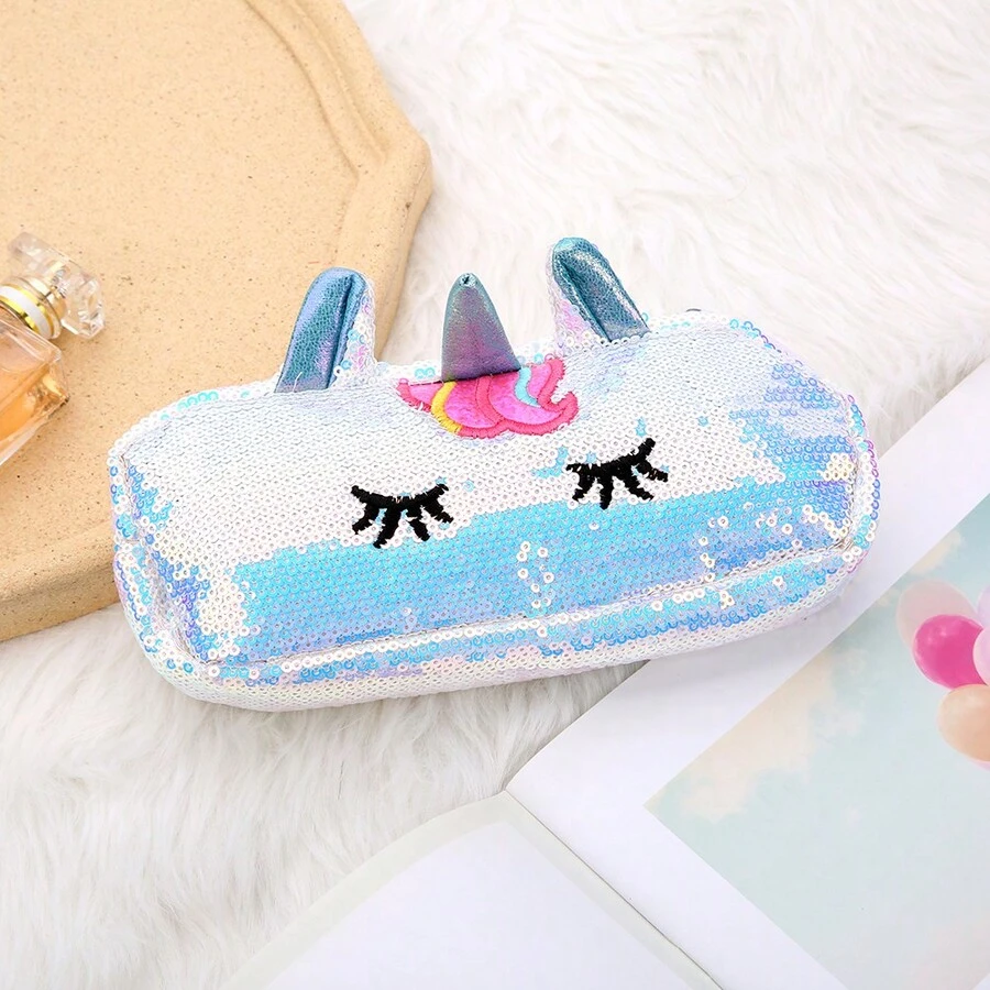 彩色可愛閃光雷射筆袋多功能拉鍊筆袋,大容量化妝包,化妝品袋和收納袋 - 藍色 - 查看 1