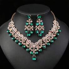Conjunto De Colar E Brincos Breve Estilo Palácio De Luxo Europeu E Americano Para Noiva, Vestido De Noite E Sessão De Fotos Com Design De Folha Pequena E Grandes Pedras Brilhantes, Joias Versáteis - Verde - Visão 5