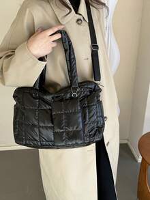 两件套复古菱形绗缝手提包，手提大容量旅行行李袋，PU 皮革斜挎包，适合外出 - 黑色 - 查看 7