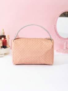 1pc Silver/Pink Color Block Weave Pattern New Style Large Capacity Handheld Bag Cosmetic Storage Organizer - Baby Pink - View 5