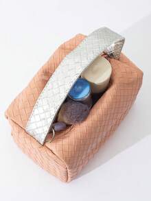 1pc Silver/Pink Color Block Weave Pattern New Style Large Capacity Handheld Bag Cosmetic Storage Organizer - Baby Pink - View 2