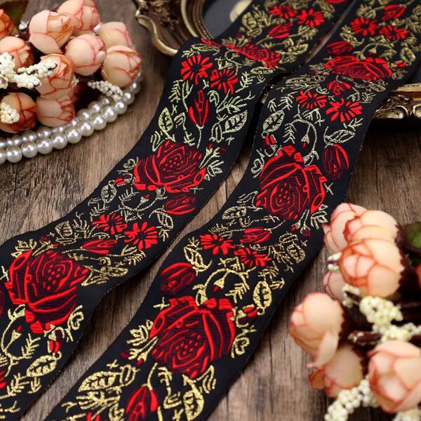 ZNZAKKA 1Yard Rose  Flowers Jacquard Trim Lace Ribbon Floral Embroidery Woven Lace Trim DIY Craft Accessories Home Decoration Embellishment