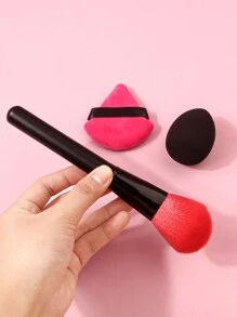 3支装高档黑色木柄散粉刷，刷毛柔软，适用于腮红、定妆和修容；另配粉色水滴形美妆蛋，用于上粉底；化妆刷套装；化妆刷组合；全套化妆工具；化妆刷套装；化妆礼盒 - 黑色 - 查看 4