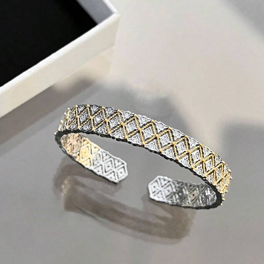 意大利bucella絲織工藝紋理金微嵌鑲手鏈,高端宮廷風格女性雙色金戒指 - 手鐲 - 查看 1