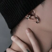 9pairs/Set Unpierced Stainless Steel Earrings Clip-On Set For Men And Women, With Cross, Lightning And Cone Pendants - Silver - View 4