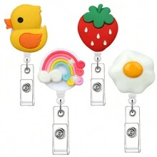 1pc Funny Duck Strawberry Rainbow Egg Smiling Face Badge Reels Retractable Badge Holders,ID Badge Holders Retractable With Clip,Cute Nurse Badge Reel For Student Business Meeting School Office,3.2*1.285inch,School Supplies,Back To School