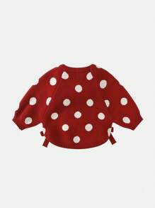 圓點蝴蝶結裝飾女孩毛衣 - 紅色 - 查看 2