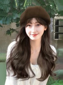 【月光童話】空氣瀏海造型大波浪假髮女貝雷帽假髮一體 - 駝色 - 查看 2