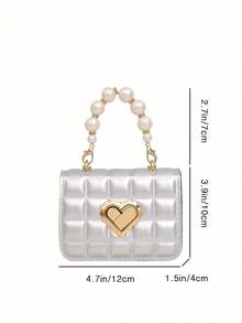 新款兒童可拆卸仿珍珠鏈手提袋,時尚凹凸三維方形pu皮信使包,多用途愛心鎖裝飾兒童金屬鏈肩背包可愛小型方形袋適用於幼兒和小學生錢包純色休閒攜帶糖果存儲袋,適合兒童日常、旅行和度假旅行配件 - 銀色 - 查看 6