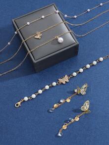 1set Fashionable Golden Zinc Alloy Butterfly & Pearl Multi-layer Necklace, Beaded Bracelet, Earrings Set For Women, Suitable For Party - Yellow Gold - View 5