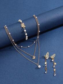1set Fashionable Golden Zinc Alloy Butterfly & Pearl Multi-layer Necklace, Beaded Bracelet, Earrings Set For Women, Suitable For Party - Yellow Gold - View 1
