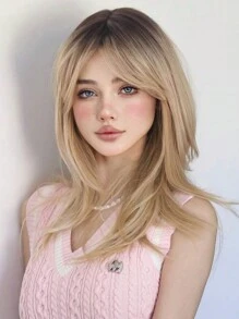 24 Inch Gold Dyed Dark 's Natural Wig Medium Length Straight Synthetic Wig For Daily Party And School Wear Use - Multicolor - View 2