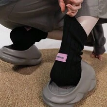 1雙女士黑色/多巴胺風格黑色和粉紅色秋冬款中筒長度,日本風格,簡約設計,帶粉色標籤,厚編織,ins風格,通用鞋堆襪款,粗針織,羊毛襪,純色款式,男女均可穿著 - 黑色 - 查看 5