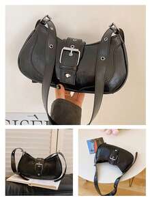 1 件法式腋下包女式休閒包純色長方形單肩斜挎包 - 黑色 - 查看 2