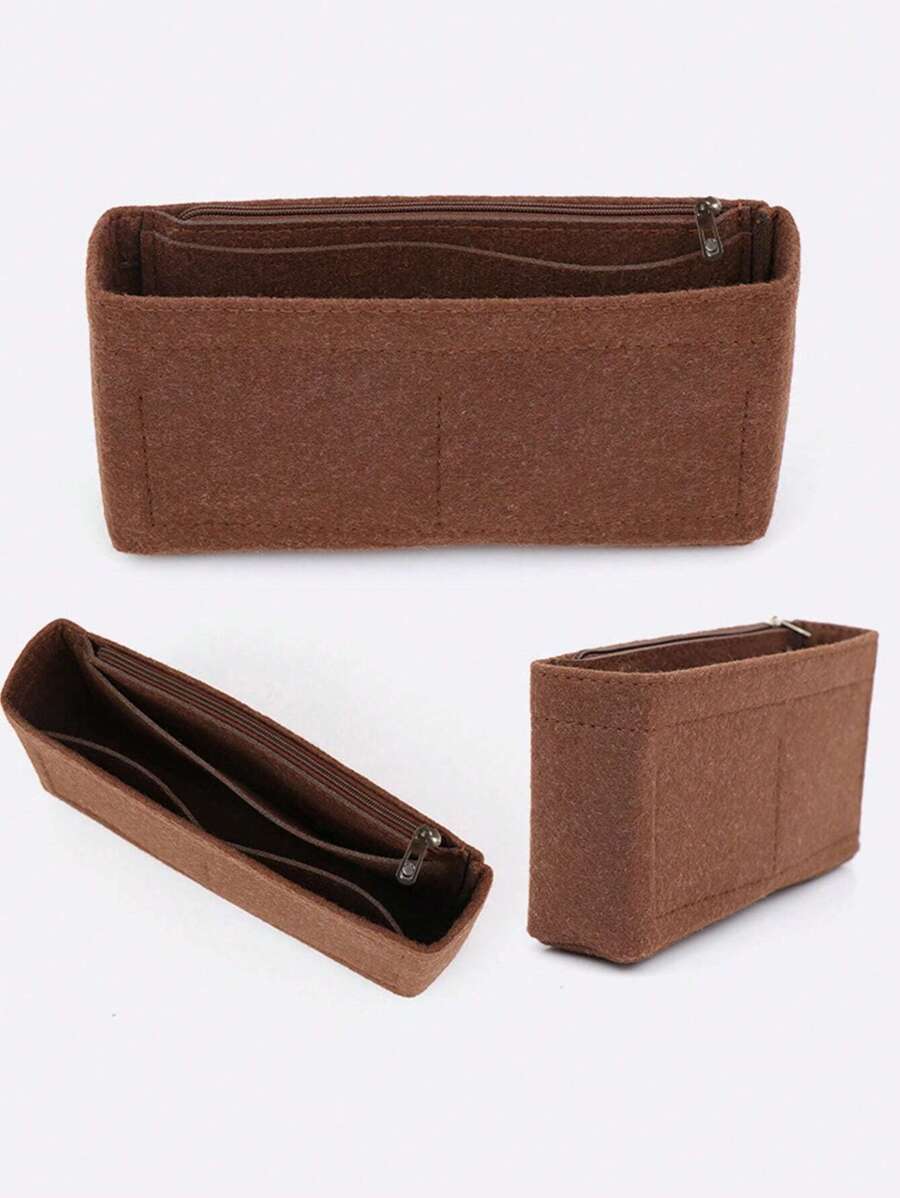 Bolso de mano multifuncional con organizador de bolsa de inserción de tela de fieltro, organizador de maquillaje, bolsa interna de viaje portátil con cremallera - Café integral - Ver 1