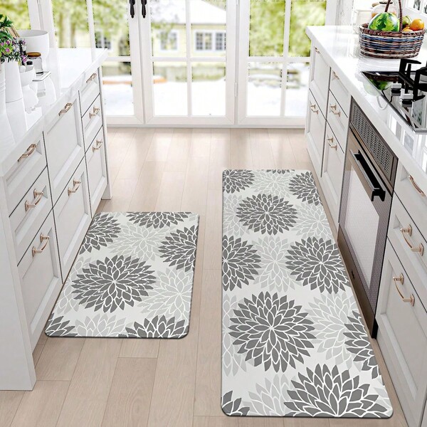 1pc Gray Moroccan Floral Print Kitchen Anti-Slip Floor Mat Long Absorbent Soft Floor Mat Bedroom Living Room Hallway Comfortable Anti-Fatigue Floor Mat Entry Door Mat Home Decoration