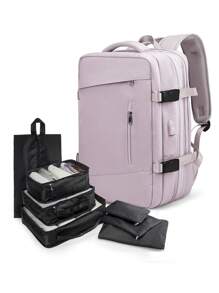 可擴容40升航空公司核准隨身攜帶背包，旅行背包附7件旅行收納袋，防水大容量17英寸筆記型電腦背包，適用於乘坐飛機的女性和男性，大學生包款休閒背包，多功能電腦包，適用於徒步旅行、週末度假、商務工作、行李箱、旅行必備品，成人禮物 - 藕粉色 - 查看 2