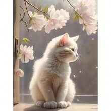 花和貓 5d 鑽石畫套件鑽石畫,適合成人和兒童初學者鑽石藝術套件 Diy,全鑽石圓形水鑽家居牆壁裝飾禮物 - 彩色 - 查看 1