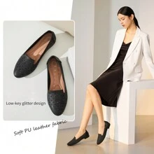 Rominz Women's Flats Shoes Comfortable Black PU Leather Ballet Flats For Women Casual Round Toe Dress Shoes Slip On Shoes Lightweight Foldable - màu đen - Xem 2