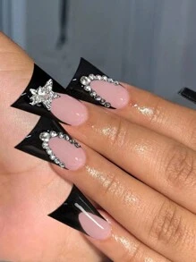 24入組壓克力指甲XXL鴨指甲贴長款黑色法式鴨指甲，附3D星星和鑽石飾物，可重複使用的柔軟凝膠貼式指甲，12個尺寸，包含1支果凍膠和1個指甲文件，適用於女性和女孩的美甲 - 彩色 - 查看 2