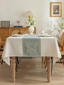 1pc White & Green Jacquard Water Repellent Tablecloth, Polyester Fabric, Rectangular Or Square, Suitable For Restaurant, Living Room, Dining Table Decor, Machine Washable - Green - View 3