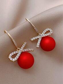 1pair Elegant Fashionable Red Resin Beads & Bowknot & Rhinestone Decorated Earrings For Women, Christmas New Year Gift Festival Decoration - Red - View 3