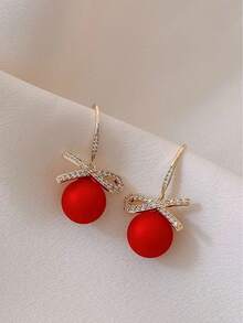 1pair Elegant Fashionable Red Resin Beads & Bowknot & Rhinestone Decorated Earrings For Women, Christmas New Year Gift Festival Decoration - Red - View 4