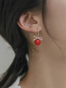 1pair Elegant Fashionable Red Resin Beads & Bowknot & Rhinestone Decorated Earrings For Women, Christmas New Year Gift Festival Decoration - Red - View 5