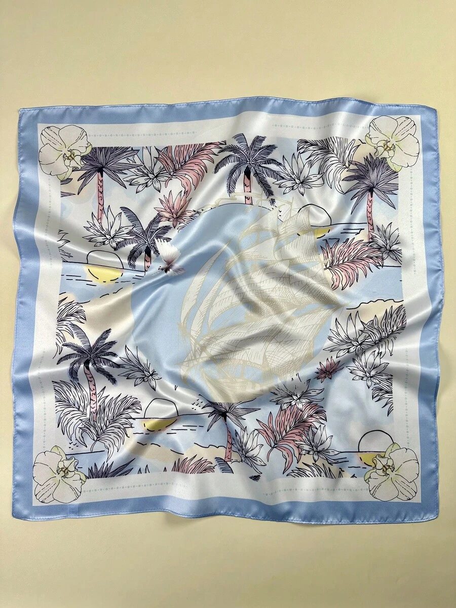 1入pc女士熱帶海灘日落海景日出風景印花頭部包覆頭巾 - 藍色 - 查看 1