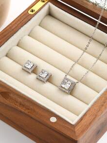 2入組極簡優雅圓形鋯石s925純銀項鍊和耳環套裝,適用於女性日常活動和晚間派對 - 銀色 - 查看 2