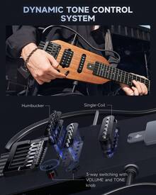 Donner HUSH-X Electric Guitar Kit  Featherlight Headless Guitar, Great For Travel And Quite Practice, Mahogany Solid Body With Easy Assemble Stands, Gig Bag, All Accessories New Arrival - Tự nhiên - Xem 7
