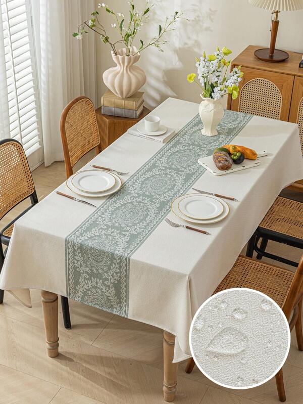 1pc White & Green Jacquard Waterproof Table Cloth, Polyester Fabric, For Living Room Or Dining Table Decoration, Machine Washable