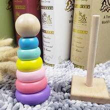 1件原木小圓柱套裝兒童智力彩虹塔馬卡龍色木製玩具塔 - 彩色 - 查看 2