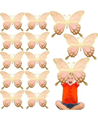 12 件/套大型派对装饰 3D 蝴蝶墙贴，2 种不同尺寸，非常适合生日、迎婴派对、育儿室、婚礼装饰等（金色和粉色），贴纸、墙贴花、乙烯基贴花，用于家居装饰，春季装饰品让您的家焕然一新，拉玛装饰贴纸礼物毕业