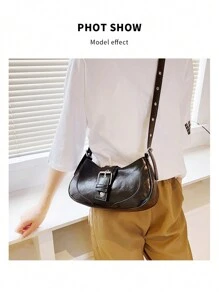 1 件法式腋下包女式休閒包純色長方形單肩斜挎包 - 黑色 - 查看 10