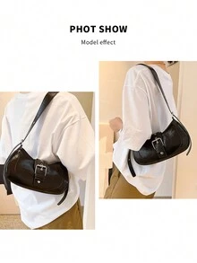 1 件法式腋下包女式休閒包純色長方形單肩斜挎包 - 黑色 - 查看 11