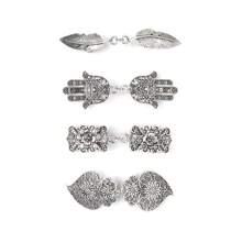 4入組時尚金屬披肩夾,配有羽毛、手、花、葉設計,用於衣領裝飾 - 銀色 - 查看 1