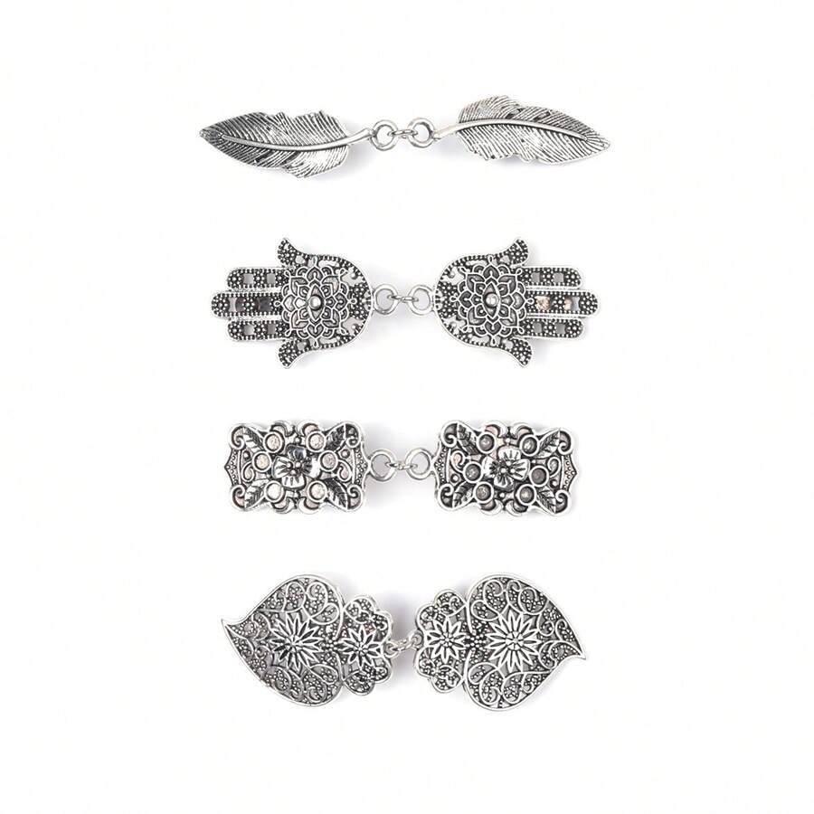 4入組時尚金屬披肩夾,配有羽毛、手、花、葉設計,用於衣領裝飾 - 銀色 - 查看 1