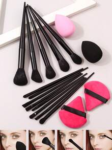 17件套黑色化妆刷套装，便携尺寸，刷毛柔软，包含散粉刷、粉扑、化妆海绵及其他工具，非常适合学生和日常使用。化妆刷套装，化妆刷套装，化妆刷套装，全套化妆刷，化妆刷套装，全套化妆工具，化妆刷套装，化妆刷套装，化妆礼盒套装 - 黑色 - 查看 3
