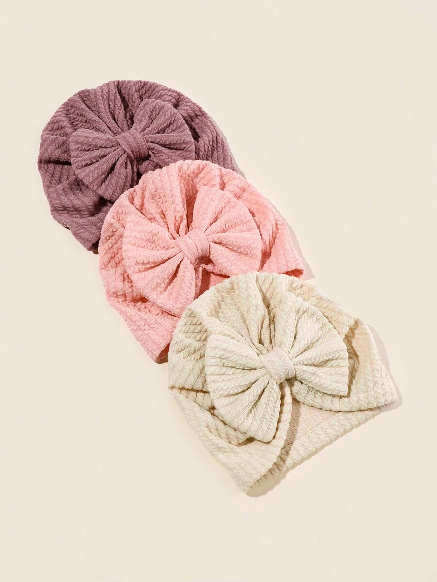 Set de 3 gorros tipo turbante infantiles con apliques de lazo y estampado de lazo estilo India para niños pequeños, primavera y otoño - Multicolor - Ver 1