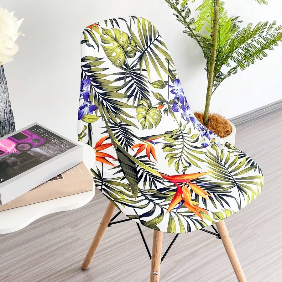 4pcs Modern Tropical Plant Print Removable & Washable Elastic Milk Silk Curved Chair Covers, Suitable For All Seasons