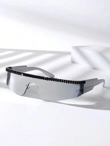 1 件女式盾形水鑽裝飾 Y2k 太陽眼鏡適合戶外運動、騎乘、派對、禮品和日常佩戴 - 銀色 - 查看 1