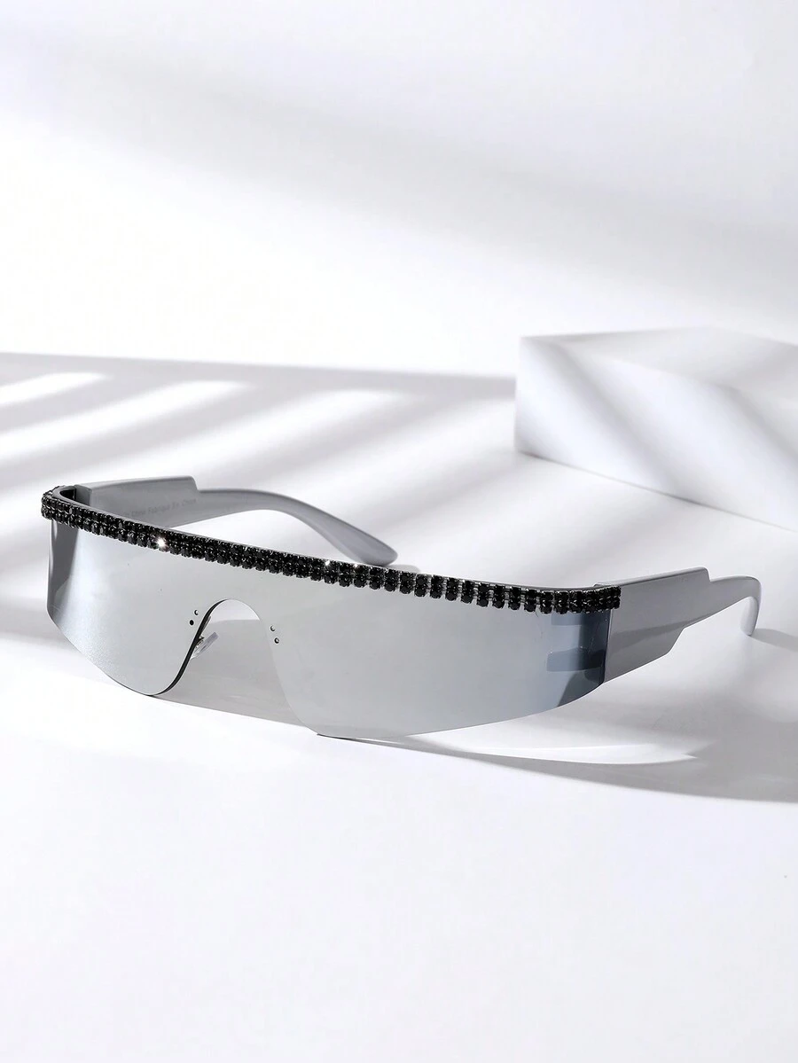 1 件女式盾形水鑽裝飾 Y2k 太陽眼鏡適合戶外運動、騎乘、派對、禮品和日常佩戴 - 銀色 - 查看 1