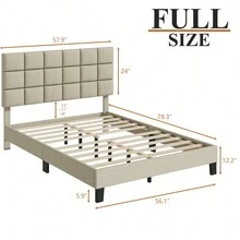 Gunji Bed Frame With Headboard Linen Upholstered Platform Bed, Headboard Adjustable, No Box Spring Needed, Noise Free - 米色 - 查看 6