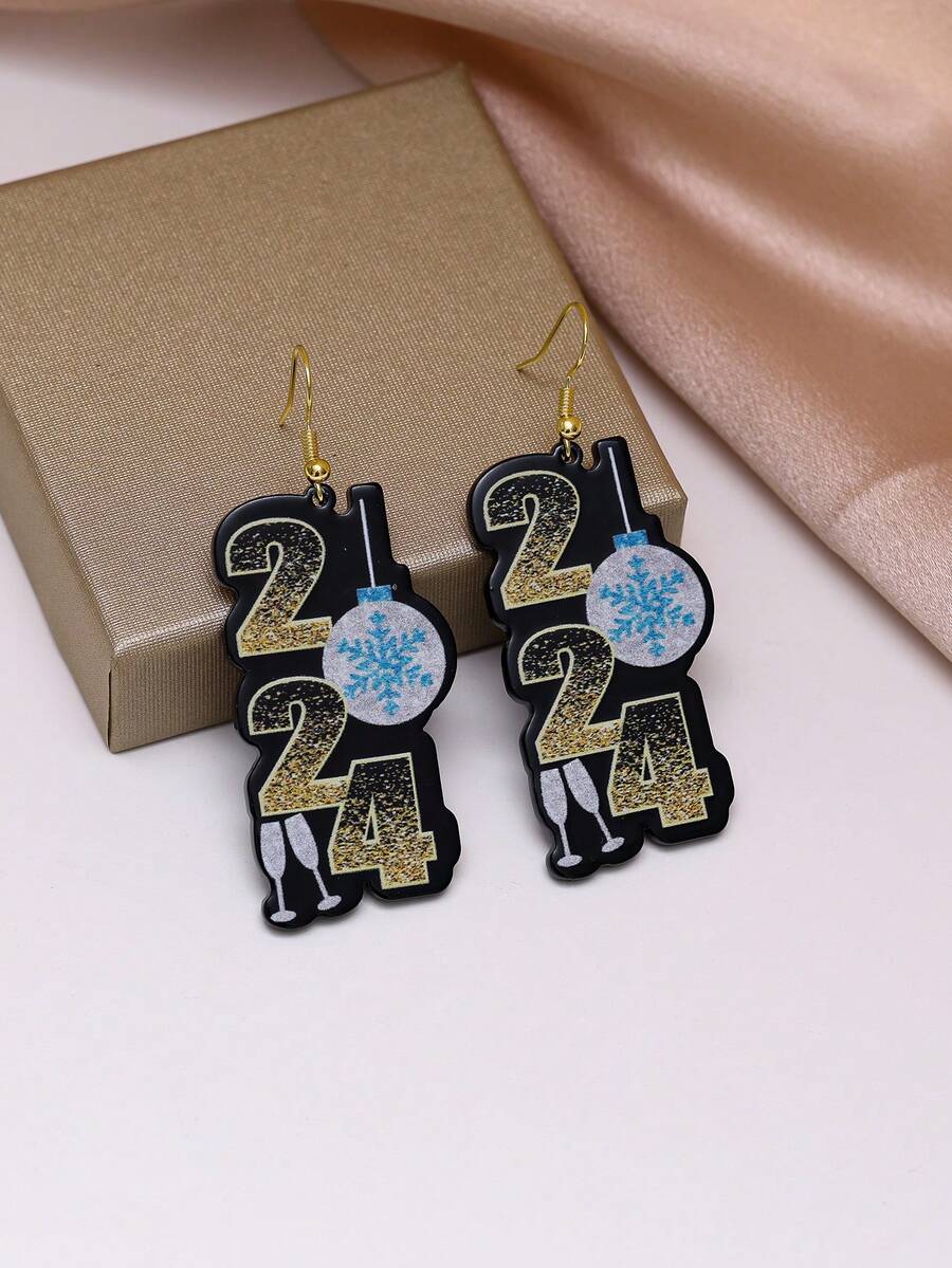 1对时尚个性化2024亚克力数码吊坠耳环，女士休闲/节日魅力耳钉 - 彩色 - 查看 1