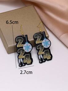 1对时尚个性化2024亚克力数码吊坠耳环，女士休闲/节日魅力耳钉 - 彩色 - 查看 2