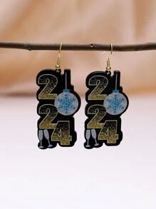 1对时尚个性化2024亚克力数码吊坠耳环，女士休闲/节日魅力耳钉 - 彩色 - 查看 3