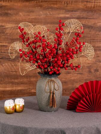 1 个人造红色水果，长 50 厘米，带 4 个叉子和 48 个红色水果，可弯曲且不会褪色 - 适用于家居装饰、花瓶插花、婚礼、派对、客厅、卧室、DIY 墙壁、新年装饰、情人节、春季、春季装饰、春季门垫、情人节、礼物