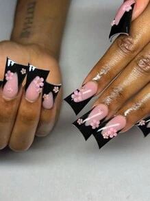 24入組XXL贴片甲，長款法式黑色，帶有3D花朵裝飾，可重複使用軟凝膠貼片甲，有12種尺寸，包含1支果凍膠和1個指甲文件，適用於女性和女孩的美甲