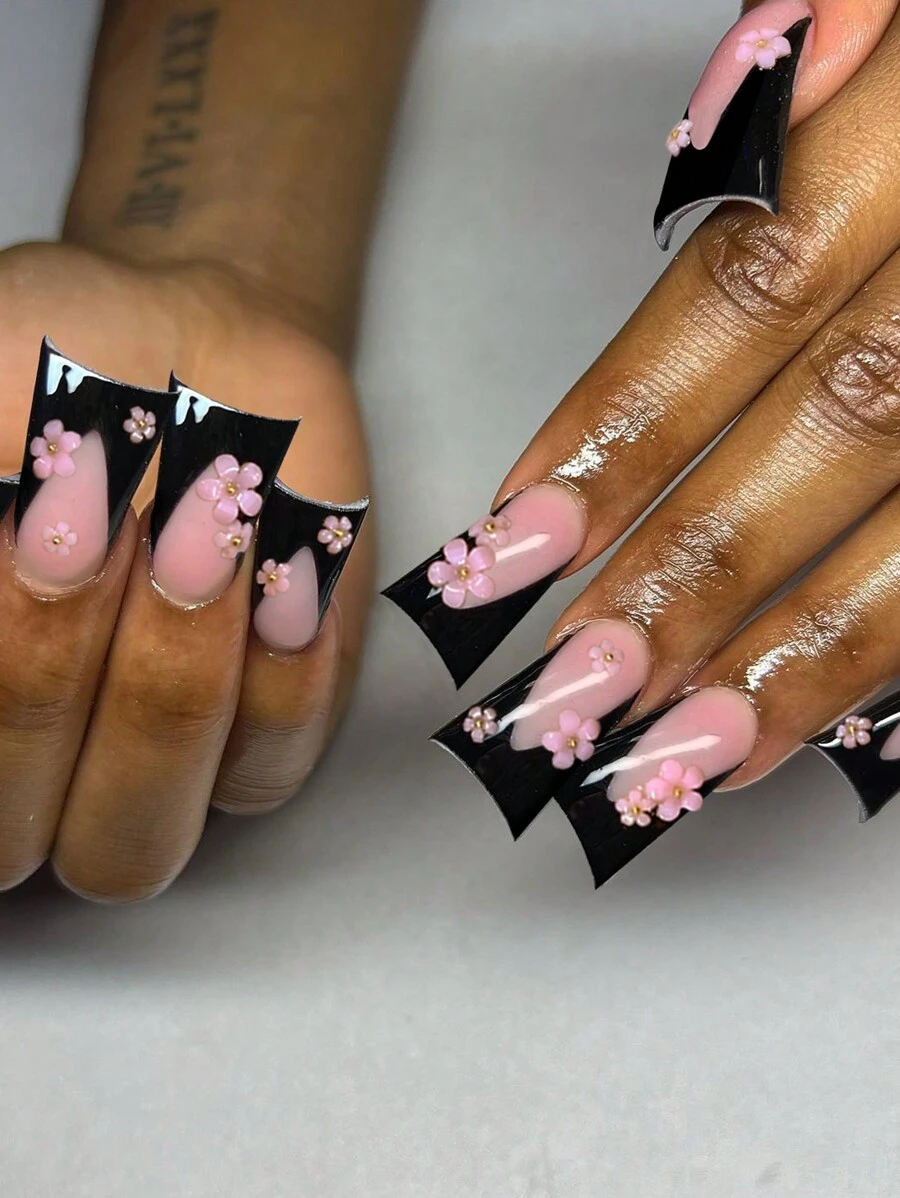 24入組XXL贴片甲，長款法式黑色，帶有3D花朵裝飾，可重複使用軟凝膠貼片甲，有12種尺寸，包含1支果凍膠和1個指甲文件，適用於女性和女孩的美甲